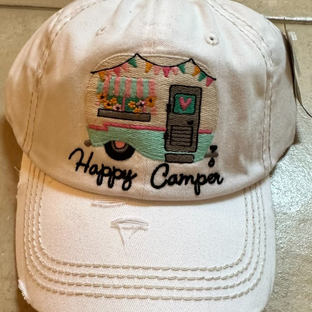 NWT Kbethos Womens Distressed White Happy Camper Baseball Cap